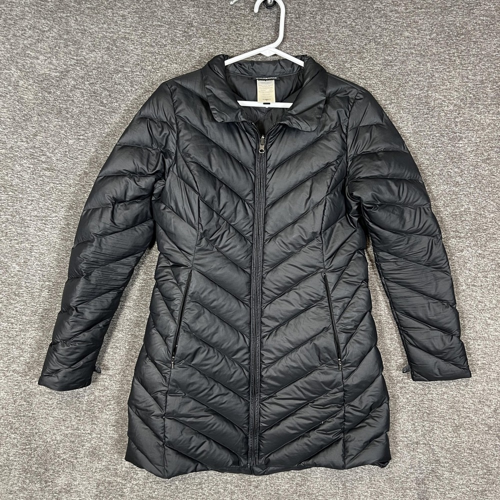 Patagonia Tres Parka Coat Women Small Gray Long Quilted Down Puffer Zip Jacket‎